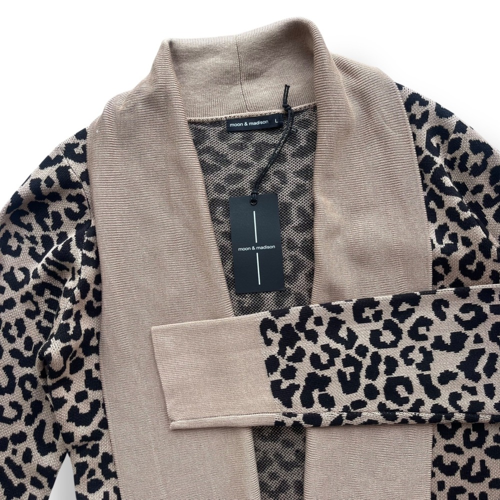Moon & Madison Women L Tan Black Leopard Print Open Front Cardigan Boho Cozy NWT